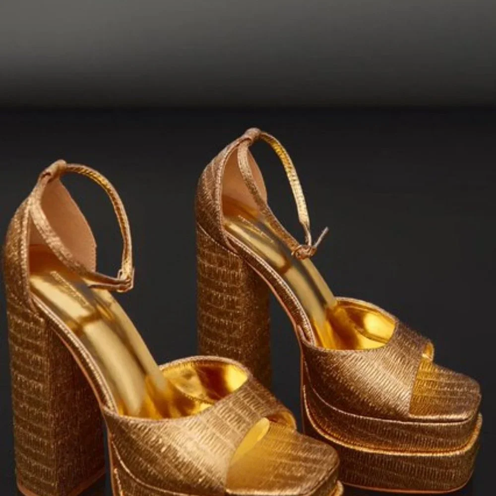 PrettyLittleThing Gold Textured Platform Ankle Strap Block Heels